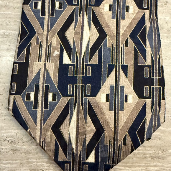 Zylos George Machado 100% Silk Tie Print Abstract Tan and Black Extra Long 63" - Picture 9 of 12